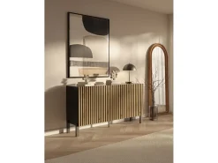 Aparador de 3 puertas – tres cajones y frente con lamas – 154 cm – negro/roble artisan – TELIRE