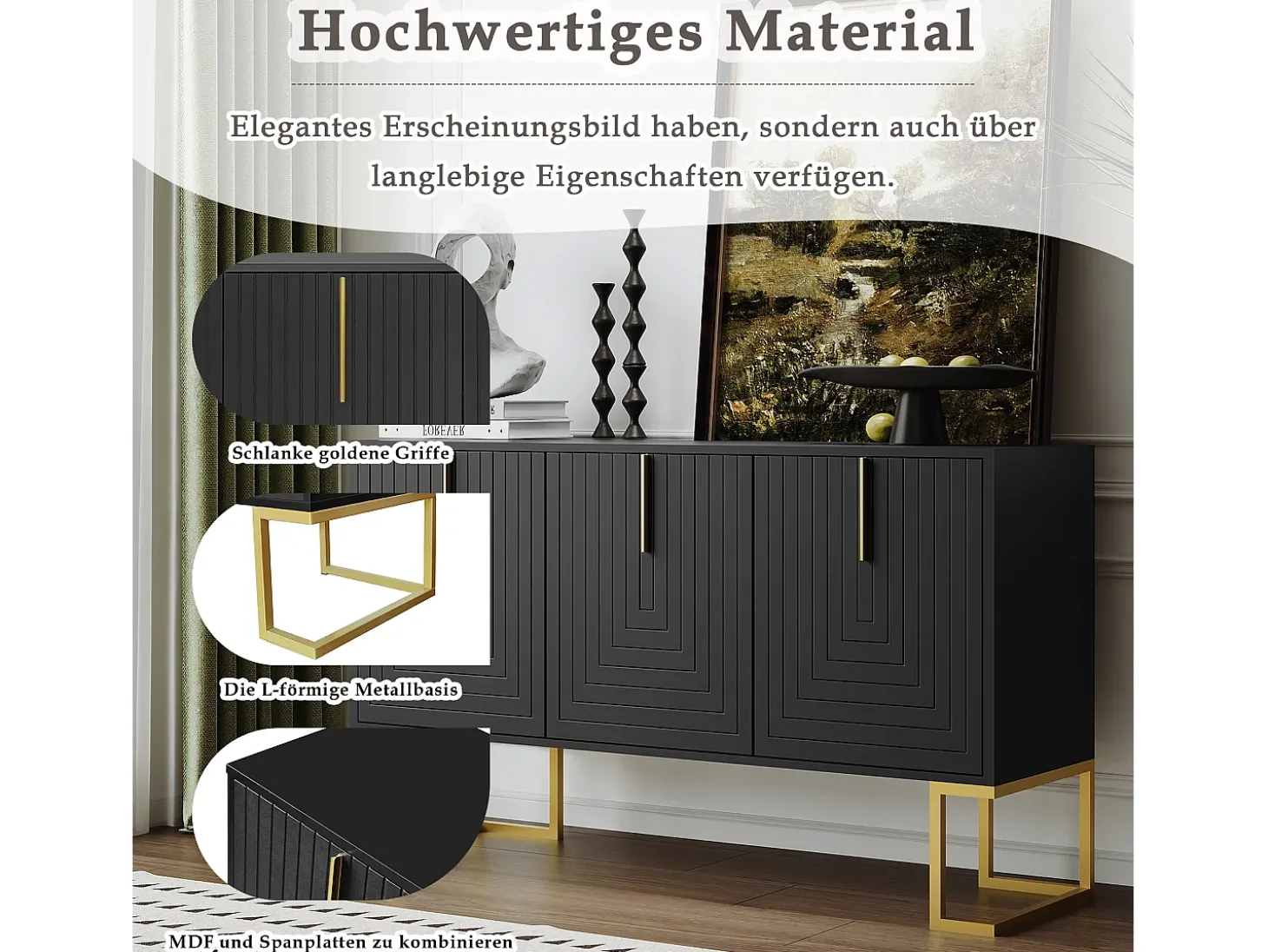 Aparador de 3 puertas con estantes regulables, puertas en forma de U y tiradores metálicos, MDF, negro (138x40x80,5 cm)