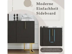 Aparador de 3 puertas con estantes regulables, puertas en forma de U y tiradores metálicos, MDF, negro (138x40x80,5 cm)