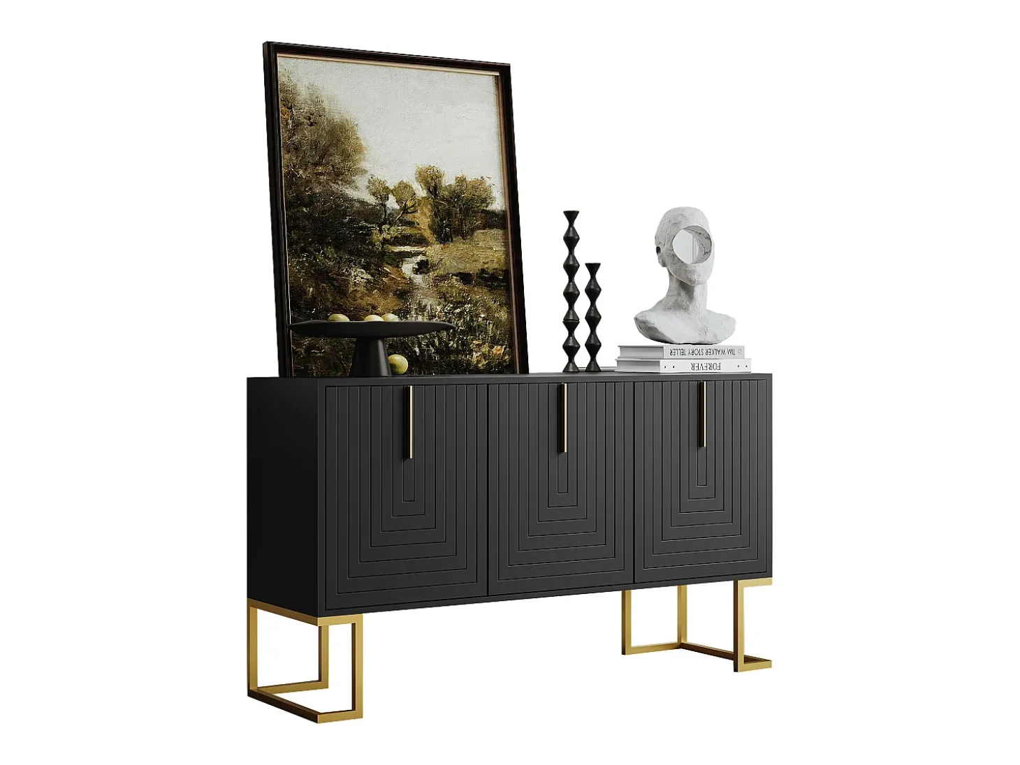 Aparador de 3 puertas con estantes regulables, puertas en forma de U y tiradores metálicos, MDF, negro (138x40x80,5 cm)
