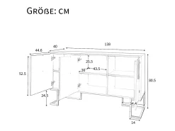 Aparador de 3 puertas con estantes regulables, puertas en forma de U y tiradores metálicos, MDF, negro (138x40x80,5 cm)