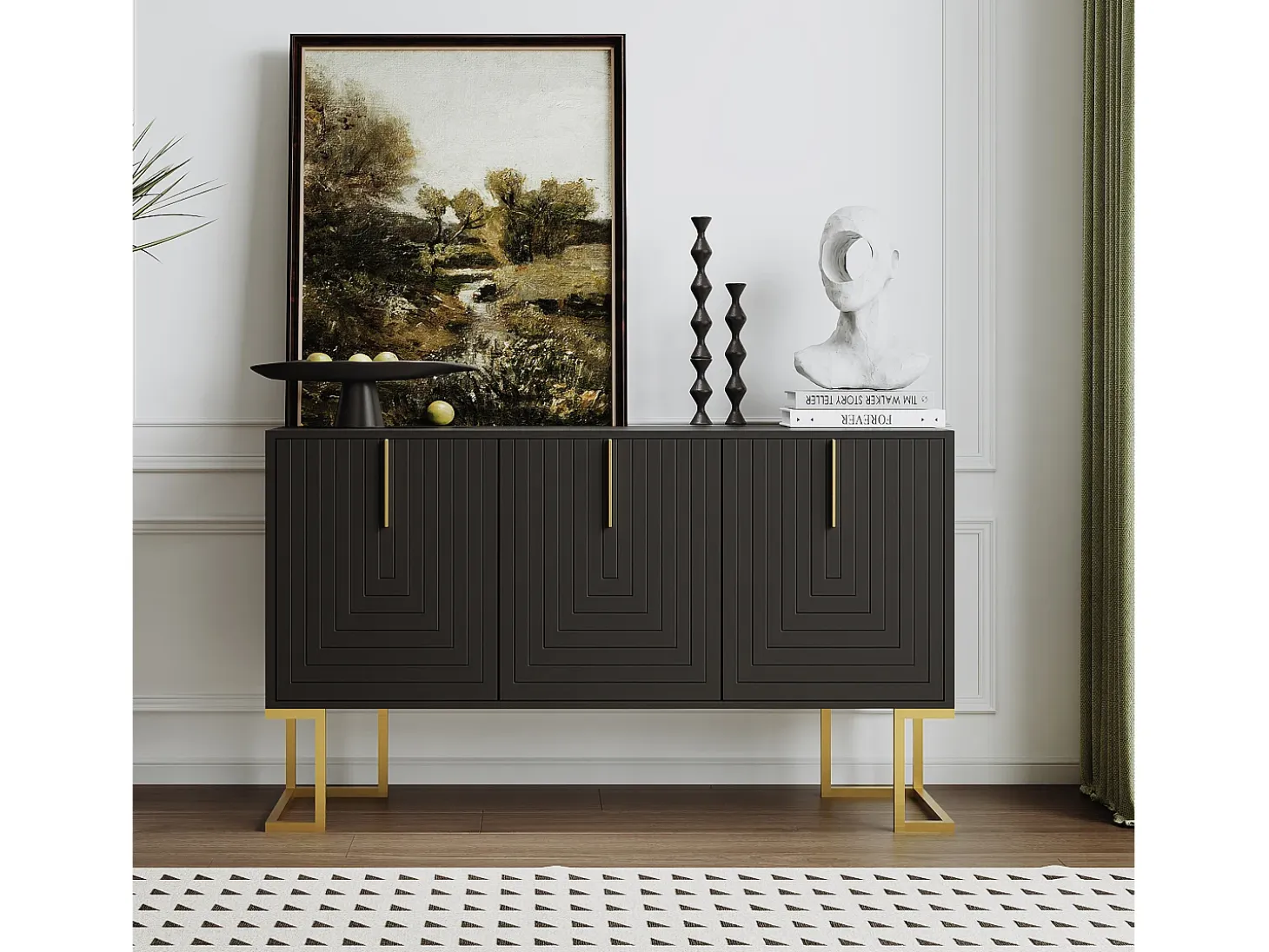 Aparador de 3 puertas con estantes regulables, puertas en forma de U y tiradores metálicos, MDF, negro (138x40x80,5 cm)