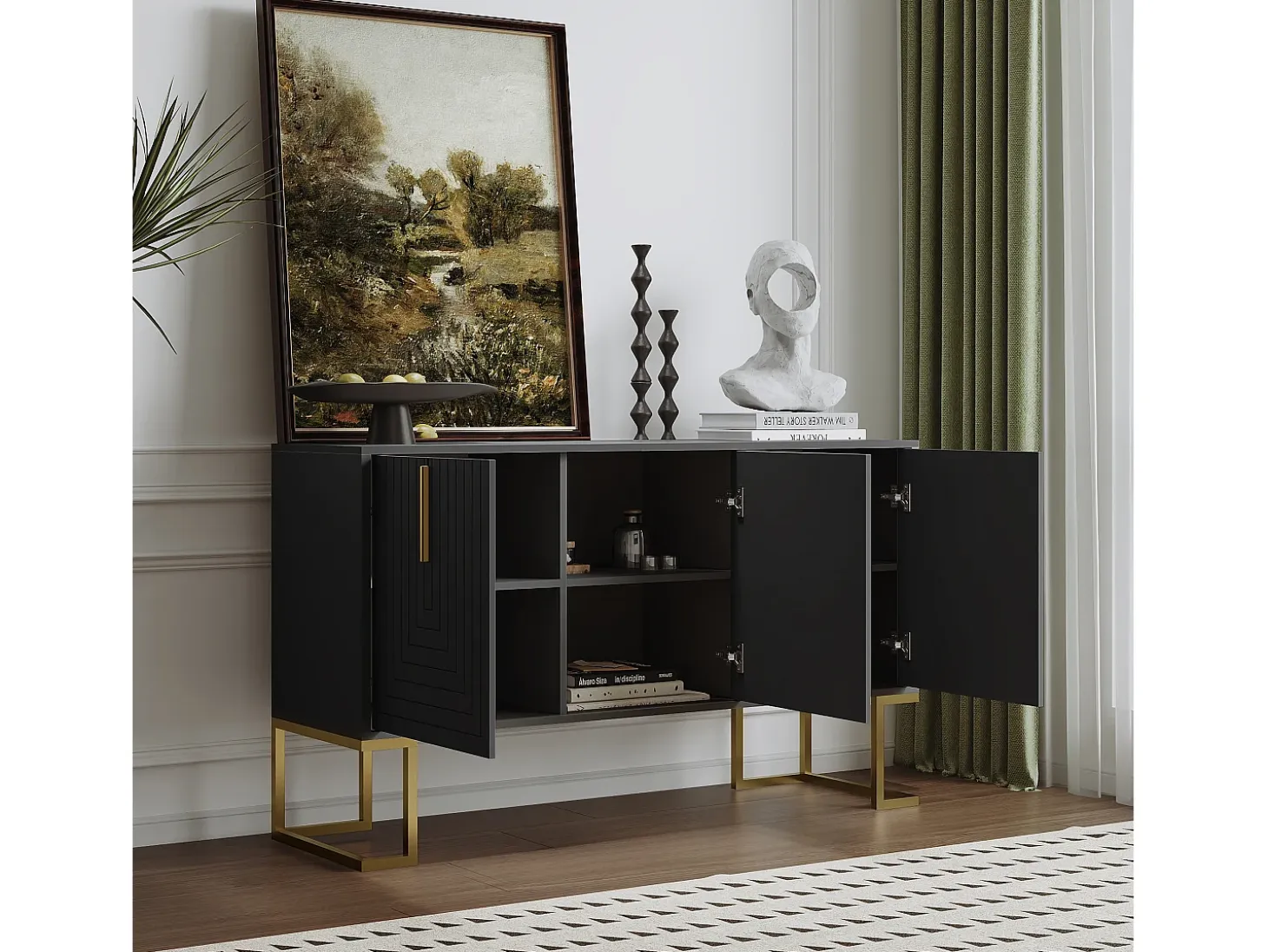 Aparador de 3 puertas con estantes regulables, puertas en forma de U y tiradores metálicos, MDF, negro (138x40x80,5 cm)