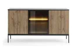 Aparador de 3 puertas con LED integrado, Negro y Roble, 154x83 cm