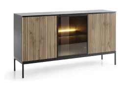 Aparador de 3 puertas con LED integrado, Negro y Roble, 154x83 cm