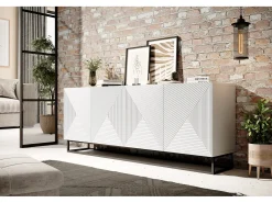 Aparador de 4 puertas de madera laminada blanca con pie de metal 200x43 cm