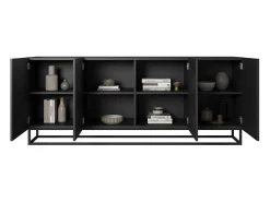 Aparador de 4 puertas de madera laminada negra con pie de metal 200x43 cm