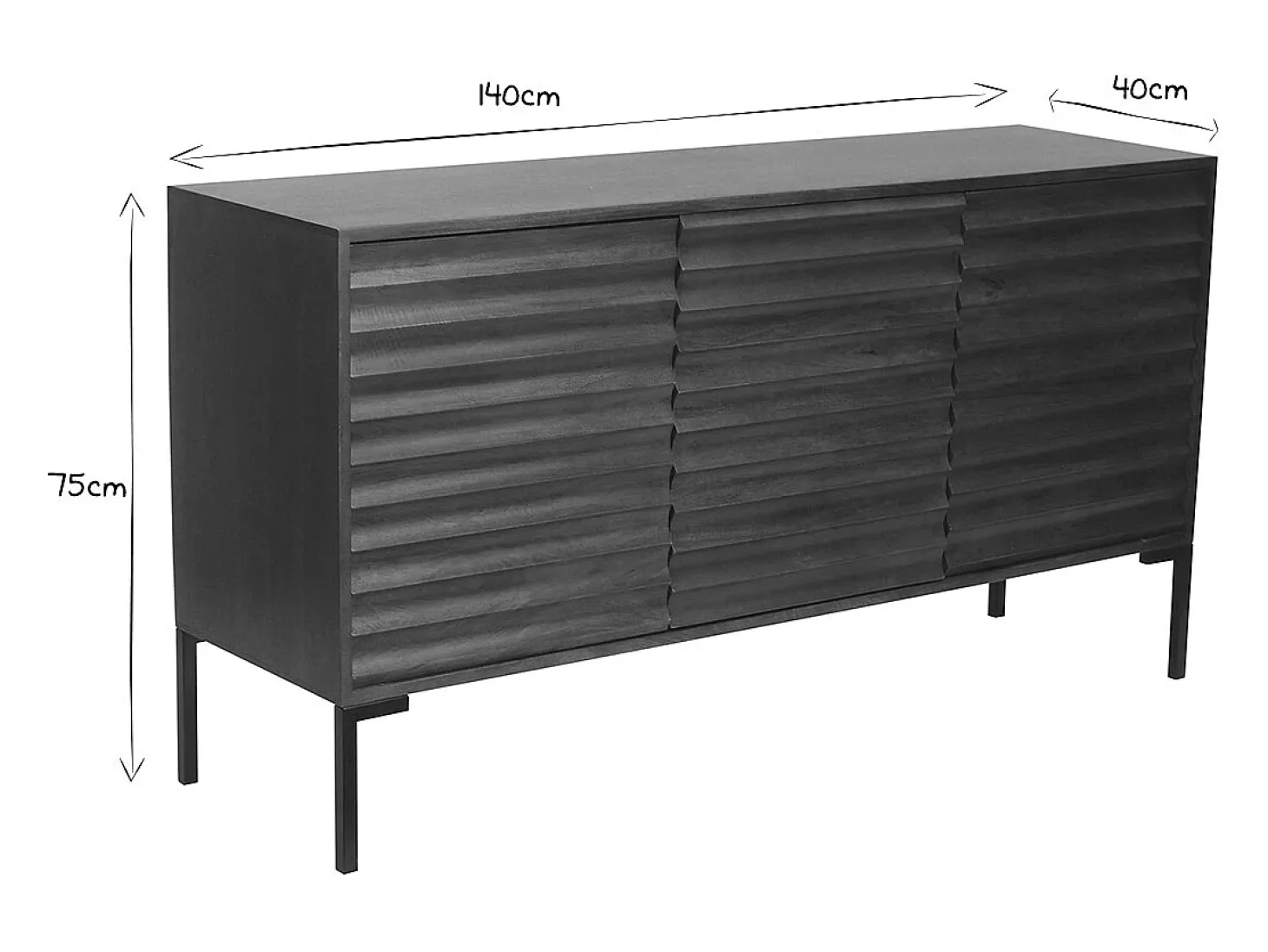 Aparador de 3 puertas de madera oscura maciza de mango y metal negro 140 cm ONDA