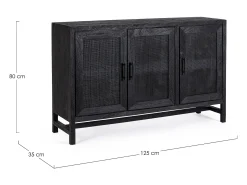 Aparador de 3 puertas en madera maciza de mango negro y ratán negro Waky 125 cm