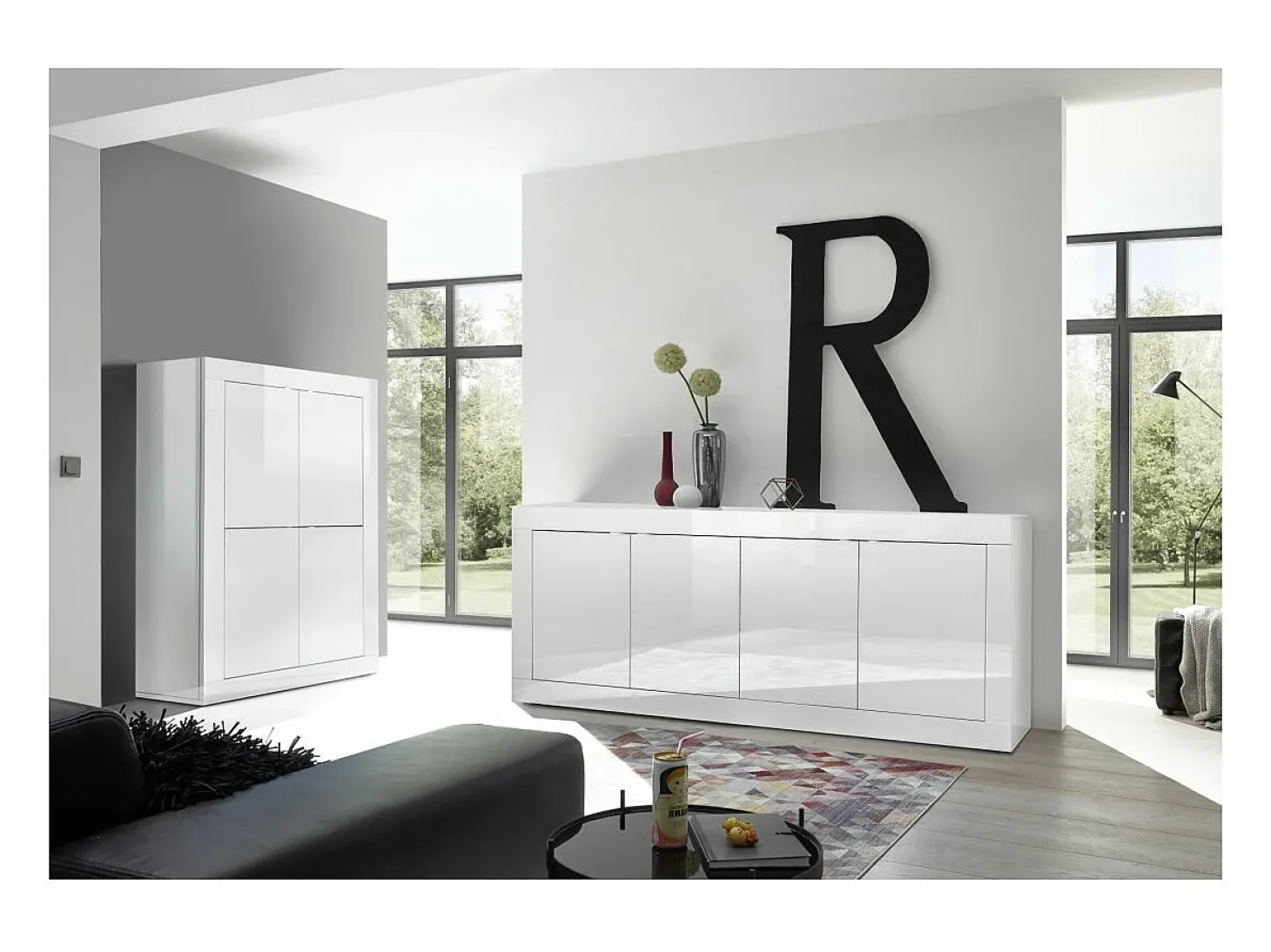 Aparador de 4 puertas ISORA – Blanco lacado brillante – Diseño moderno y funcional