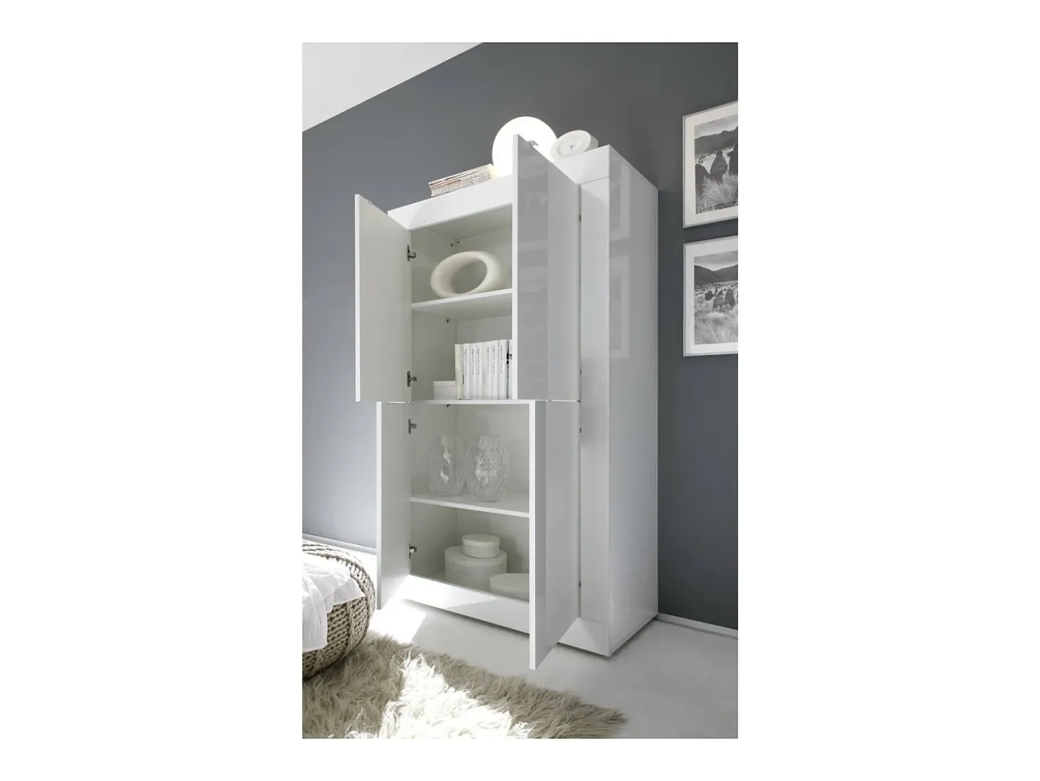 Aparador de 4 puertas ISORA – Blanco lacado brillante – Diseño moderno y funcional