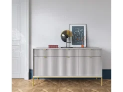 Aparador de 3 puertas y 3 cajones con patas de metal dorado, 154x83 cm