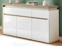 Aparador de 3 puertas y 3 cajones con luces LED de MDF - Natural y blanco lacado - VADEMOSA