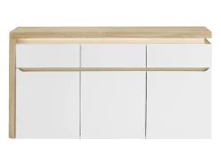 Aparador de 3 puertas y 3 cajones con luces LED de MDF - Natural y blanco lacado - VADEMOSA
