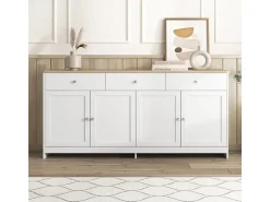 Aparador de 4 puertas y 3 cajones con vetas de madera blanca para salón-comedor.