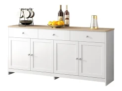 Aparador de 4 puertas y 3 cajones con vetas de madera blanca para salón-comedor.