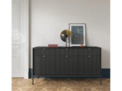 Aparador de 3 puertas y 3 cajones con patas de metal negro, 154x83 cm