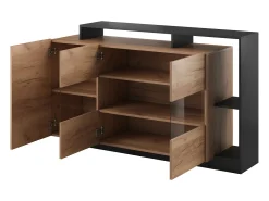 Aparador de 3 puertas y 3 estantes con LEDs - Color: natural y antracita - IDESIA