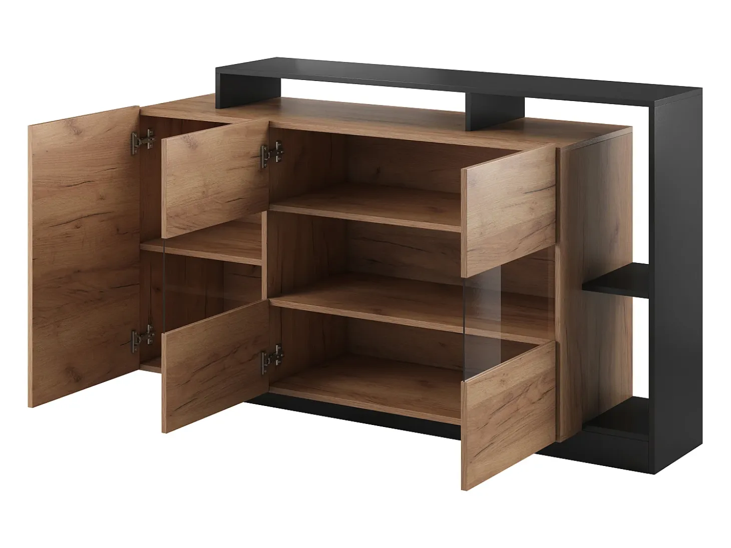 Aparador de 3 puertas y 3 estantes con LEDs - Color: natural y antracita - IDESIA
