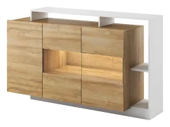 Aparador de 3 puertas y 3 estantes con LEDs - Color: natural y blanco IDESIA
