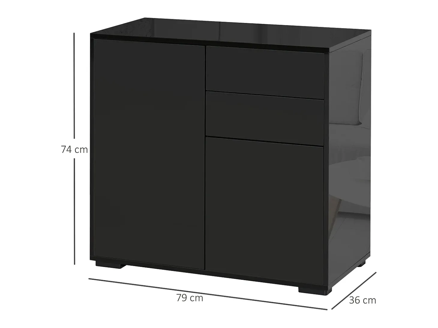 Aparador de almacenaje negro con 2 cajones y 2 puertas, madera contrachapada, antiderrames (117x36x74cm)