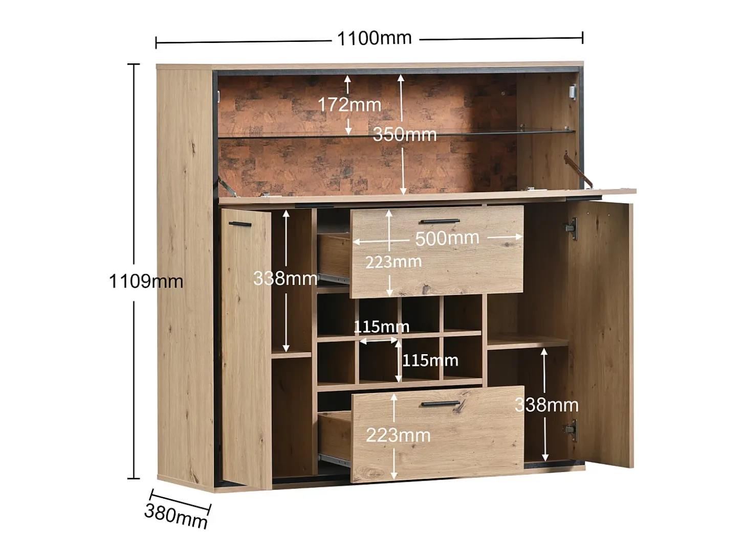 Aparador de almacenamiento, elegante vitrina para vinos con puertas dobles, estante de vidrio y soporte para vinos: almacenamiento perfecto