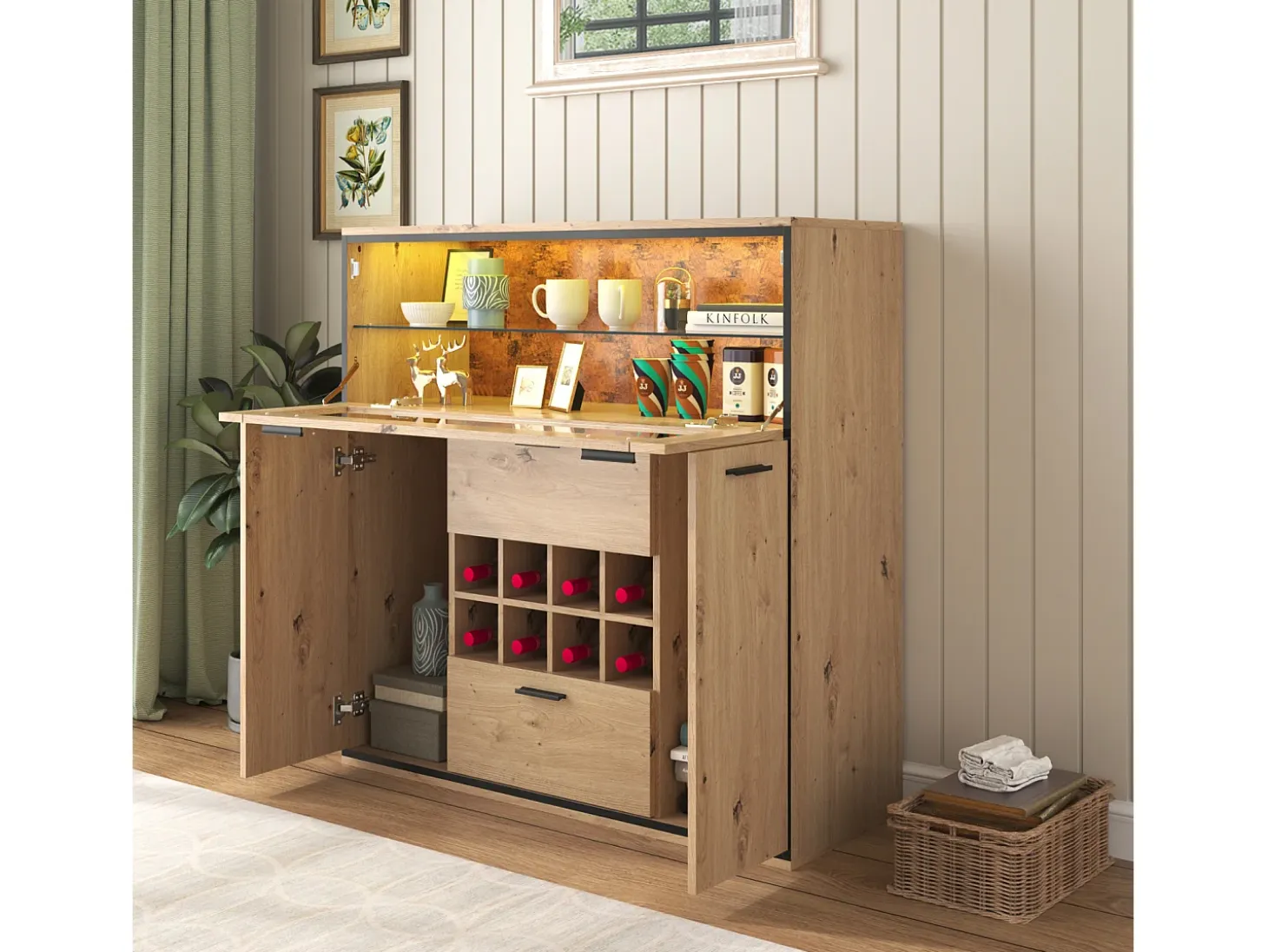 Aparador de almacenamiento, elegante vitrina para vinos con puertas dobles, estante de vidrio y soporte para vinos: almacenamiento perfecto