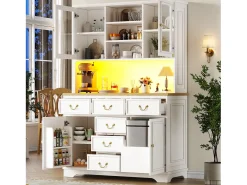 Aparador de cocina - 118 x 40 x 180 cm - con 6 cajones + puertas + LED + estantes de almacenamiento - MDF - blanco