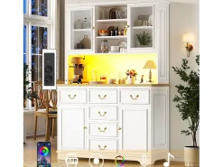 Aparador de cocina - 118 x 40 x 180 cm - con 6 cajones + puertas + LED + estantes de almacenamiento - MDF - blanco