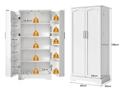 Aparador de cocina - 60 x 35 x 128 cm - con LED + estantes regulables + 2 puertas con almacenaje - MDF - blanco