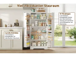 Aparador de cocina - 60 x 35 x 128 cm - con LED + estantes regulables + 2 puertas con almacenaje - MDF - blanco