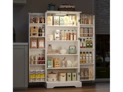 Aparador de cocina - 60 x 35 x 128 cm - con LED + estantes regulables + 2 puertas con almacenaje - MDF - blanco