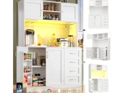 Aparador de cocina - 120 x 40 x 188 cm - con 4 puertas + LED + portavasos + cajones + estante snack - MDF - blanco