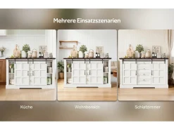 Aparador de cocina - 150 x 40 x 85 cm - con puertas correderas + 4 cajones - estilo rústico - MDF - blanco