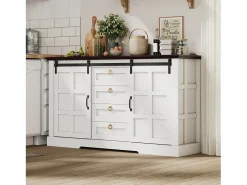 Aparador de cocina - 150 x 40 x 85 cm - con puertas correderas + 4 cajones - estilo rústico - MDF - blanco
