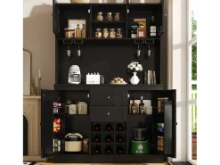 Aparador de cocina - 120 x 40 x 188 cm - con estantes regulables + botellero + 4 puertas + 2 cajones - MDF - negro