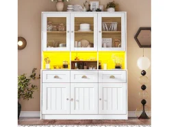 Aparador de cocina blanco con 3 puertas, 3 puertas de cristal, 3 cajones y luces LED, MDF
