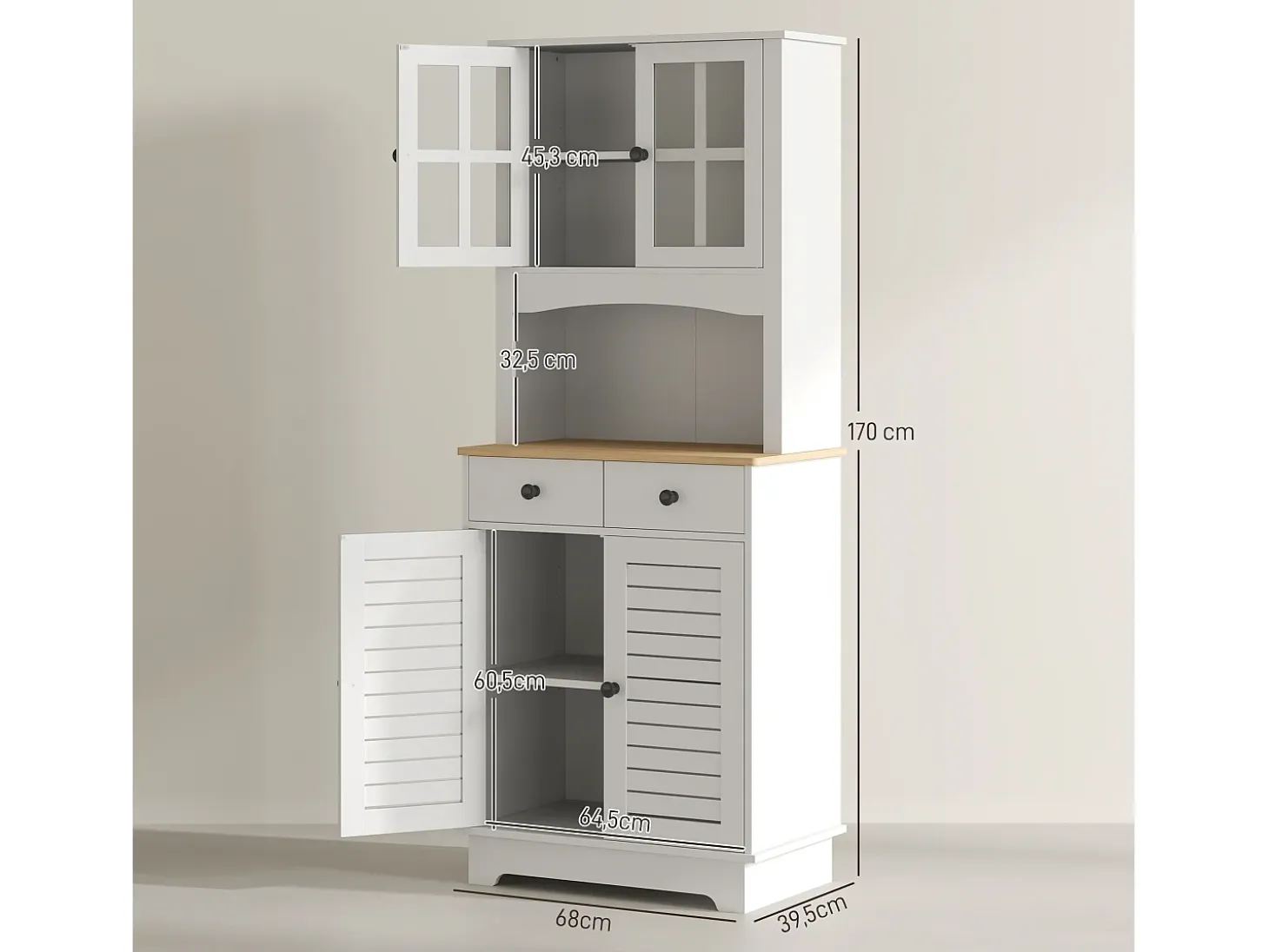 Aparador de cocina con 2 cajones y puertas de cristal, espacio para guardar vajilla, 68 x 39,5 x 170 cm, blanco