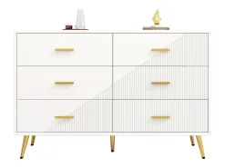 Aparador de cocina con 6 cajones, cuerpo blanco, tiradores y patas de metal dorado - 120x40x75cm