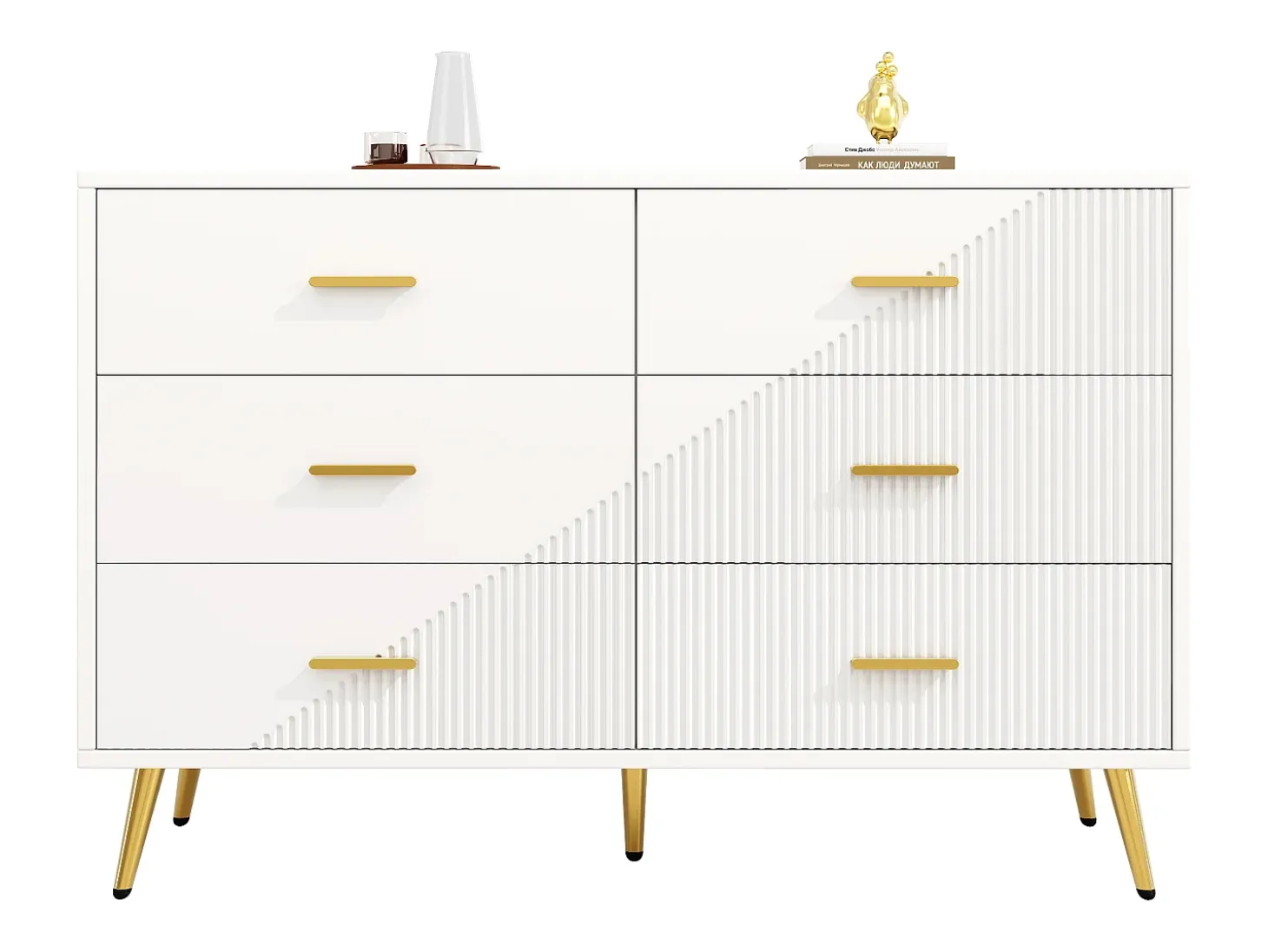 Aparador de cocina con 6 cajones, cuerpo blanco, tiradores y patas de metal dorado - 120x40x75cm
