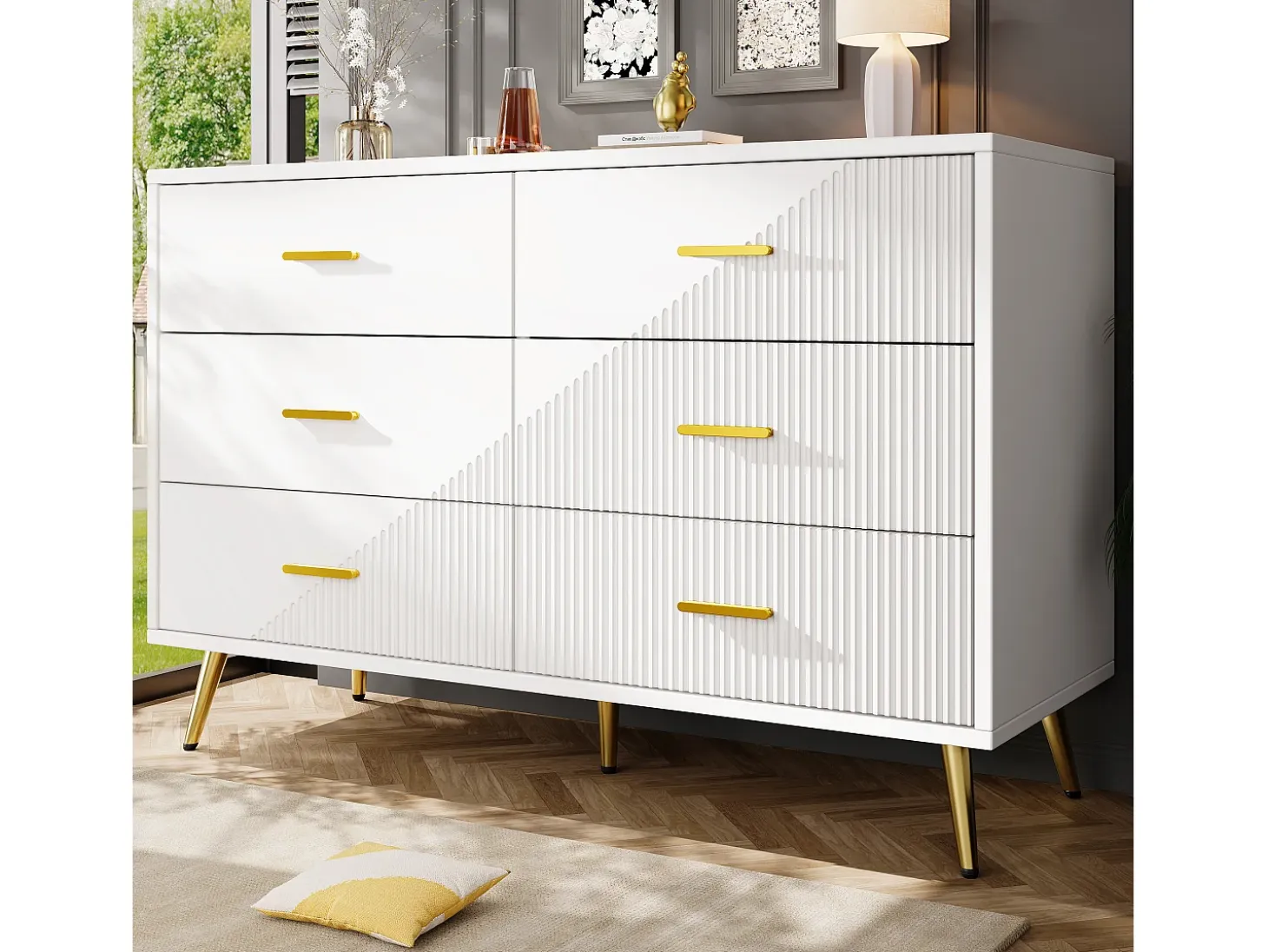 Aparador de cocina con 6 cajones, cuerpo blanco, tiradores y patas de metal dorado - 120x40x75cm