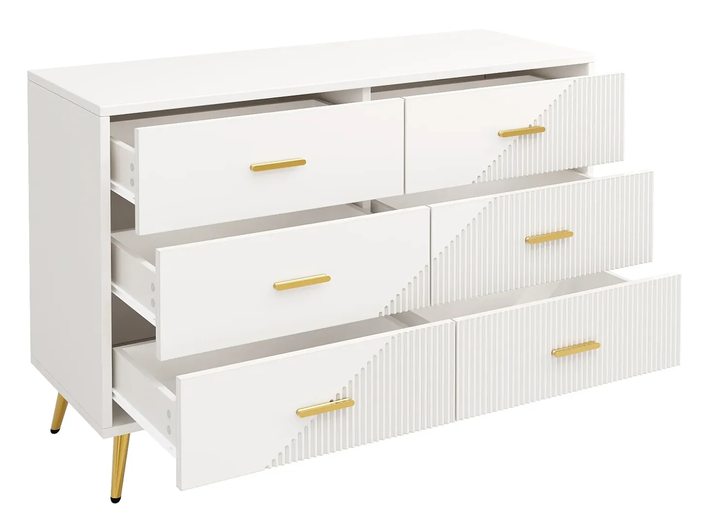 Aparador de cocina con 6 cajones, cuerpo blanco, tiradores y patas de metal dorado - 120x40x75cm