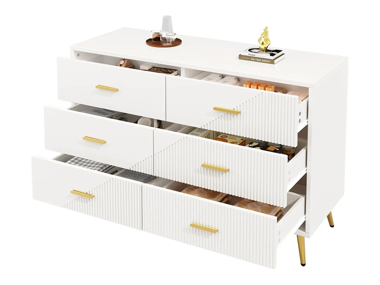 Aparador de cocina con 6 cajones, cuerpo blanco, tiradores y patas de metal dorado - 120x40x75cm