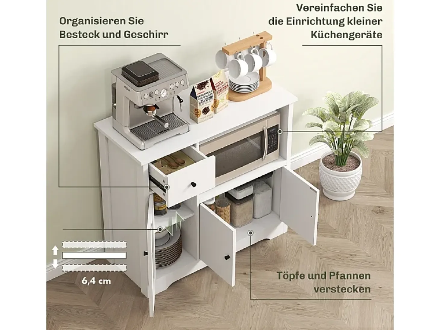Aparador de cocina con 1 cajón y 3 puertas, para cocina, comedor o sala de estar, blanco