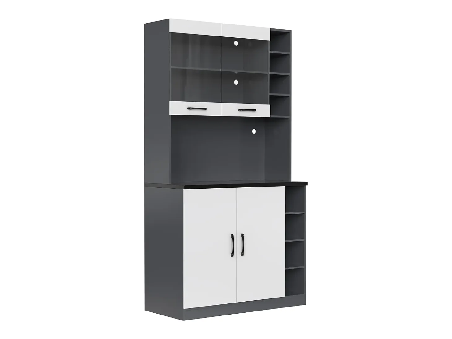 Aparador de cocina con 2 puertas, 2 puertas acrílicas e iluminación LED, gris y blanco