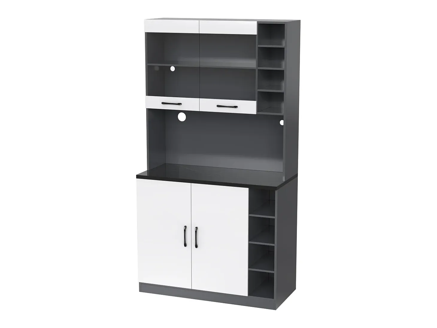Aparador de cocina con 2 puertas, 2 puertas acrílicas e iluminación LED, gris y blanco