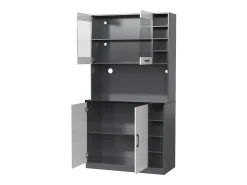 Aparador de cocina con 2 puertas, 2 puertas acrílicas e iluminación LED, gris y blanco