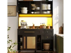 Aparador de cocina con 4 puertas correderas, 3 cajones e iluminación LED - Madera, ratán y cristal - Negro