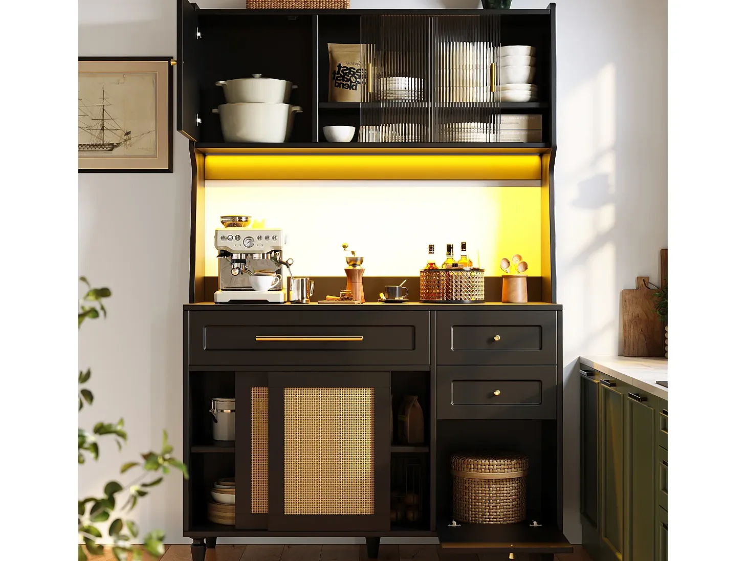 Aparador de cocina con 4 puertas correderas, 3 cajones e iluminación LED - Madera, ratán y cristal - Negro