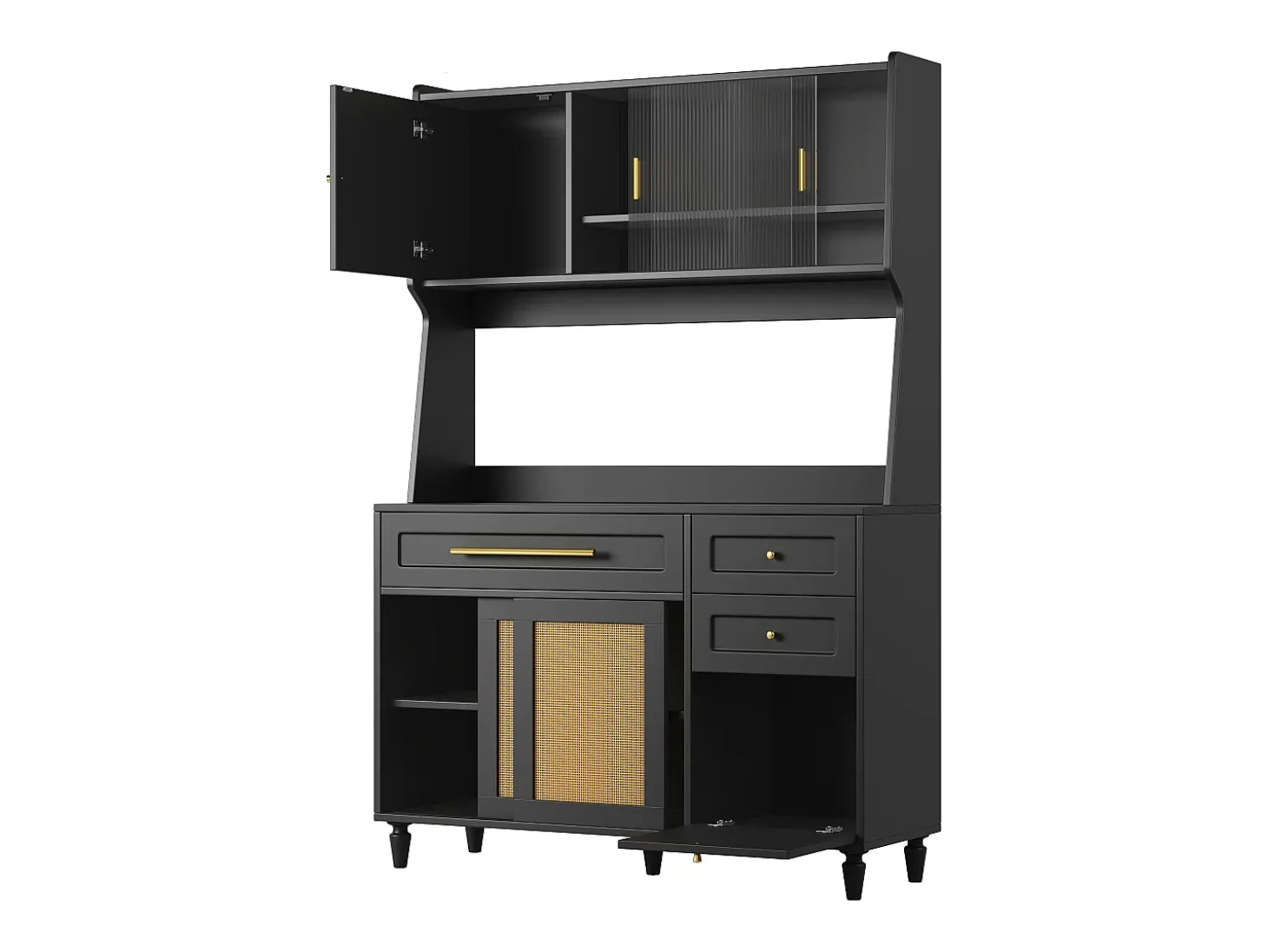 Aparador de cocina con 4 puertas correderas, 3 cajones e iluminación LED - Madera, ratán y cristal - Negro